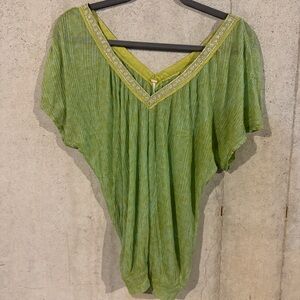 Free People 100% Modal Rayon Lime Green V-Neck Shirt with Embellished Trim